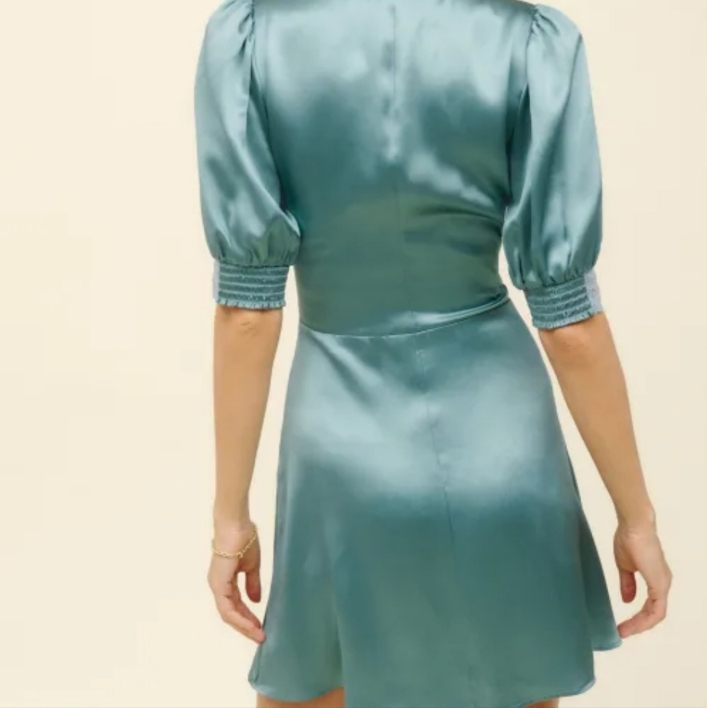 NWT Reformation mini button silk brigitta dress v neck line in verdigris 0 - Picture 2 of 7